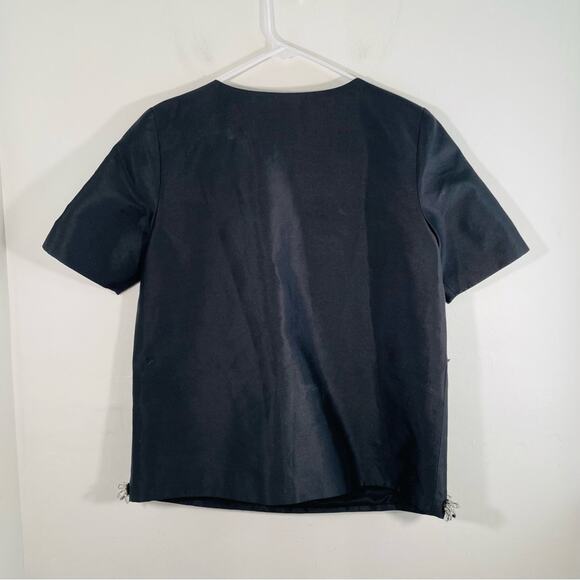 Huishan Zhang Black Wool Silk Blue Clear Crystal Bead Embellished Boxy Blouse 8 - Picture 9 of 9